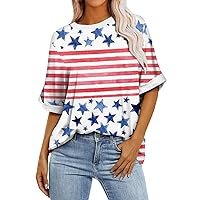 Womens 4th July Shirts Patriotic Shirts for Women 2024 American Print Vintage Fashion Loose Fit with Short Sleeve Round Neck Blouses Vermilion X-Large