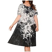 Womens Dresses 2023 Trendy Loose Crew Neck Printing Short Sleeve Dress Casual Plus Size Fitted Calf Length Dress