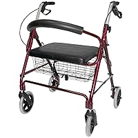 DMI Rollator Walker with Extra Wide Seat and Backrest, FSA HSA Eligible, Adjustable Handle Height, Removable Storage Basket, Burgundy