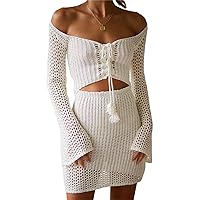 Juakoso Women Y2K Knit Mini Dress Hollow Out Bodycon Halter Dress Low Cut Open Back Crochet Short Dress Beach Wear