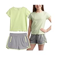 Reebok Girls' Shorts Set - 2 Piece Short Sleeve T-Shirt and Soft Woven Gym Shorts - Summer Athletic Set for Girls (7-12), Size 8, Citrus Pistachio