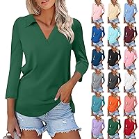 Women's 3/4 Sleeves V Neck Polo T Shirts 2024 Casual Summer Tops Solid Color Basic Collared Plain Tee Blouses