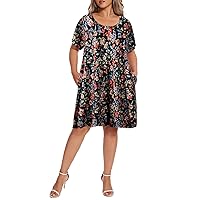 OVERWORETY Womens Short Sleeve Plus Size T-Shirt Dress Scoop Neck Button Up Swing A-Line Casual Dresses with Pocket