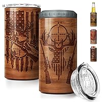 SANDJEST Hunting Tumbler Wood Style American Flag 4 in 1 16oz Tumbler Can Cooler Coozie Skinny Stainless Steel Tumbler Gift for Men Dad Best Friends Hunting Lovers Christmas Birthday Fathers Day