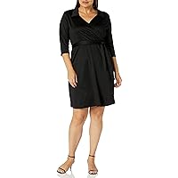 Star Vixen Women's Plus-Size 3/4 Sleeve Faux Wrap Dress with Collar, Black, 3X