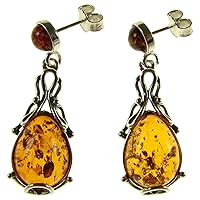 BALTIC AMBER AND STERLING SILVER 925 DESIGNER COGNAC DANGLING STUD EARRINGS JEWELLERY JEWELRY