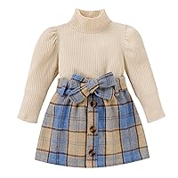 Toddler Girls Mini Skirt Set Long Sleeve Ribbed Turtleneck T Shirt Tops Plaid Prints Bow Tie Skirt
