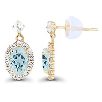 Solid 14K Gold 6.50x13mm Oval Halo Genuine Birthstone Dangling Stud Earrings For Women | 6x4mm Round Birthstone | 1mm Created White Sapphire Halo Dangle Earrings For Women