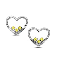 Created Yellow-Sapphire Alloy 14k White Gold Plated Small Accent Heart Post Earrings For Girls and Women's