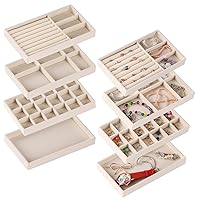 Set of 8 Stackable Jewelry Organizer Stackable Trays,Jewelry Drawer Inserts Container Display Case Storage for Earring Necklace Rings Bracelet Watch with Removable Dividers-Beige