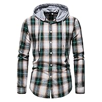 Men's Long Sleeve Hoodie Jacket Plaid Button Down Flannel Shirts Casual Lightweight Drawstring Hoodie Shirt Jacket