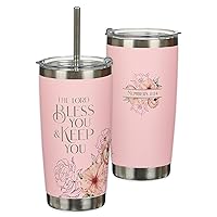 Christian Art Gifts Reusable Stainless Steel Scripture Travel Mug Tumbler w/Straw for Women: Bless You & Keep You Bible Verse, Double Wall Vacuum Insulated, Pop-up Lid, Hot/Cold, Pink Floral, 18 oz.