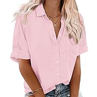 IN'VOLAND Womens Plus Size Shirts Short Sleeve Button Down Shirts V Neck Casual Blouses Tops