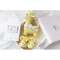 Pregnancy Baby Reveal Neutral Gender Gift Box Cute Husband Grandma Again Family We are Expecting Surprise Crochet Newborn Organic Toy Bootie (Yellow)