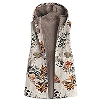 Women's Floral Print Hooded Waistcoat Winter Warm Sherpa Lined Fashion Vest Button Down Front Sleeveless Hooded Coat