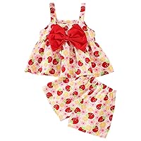 Crop Top Hoodie Pants Set Summer Toddler Girls Sleeveless Bowknot Strawberry Prints Tops Shorts Two Piece