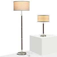 Brightech Carter Lamps for Bedroom Set of 2 - Living Room and Bedside Lamp Lights Match Modern and Mid-Century Décor - Stainless Steel & Wood Finish - Modern Floor Lamp with Drum Shade and LED Bulbs