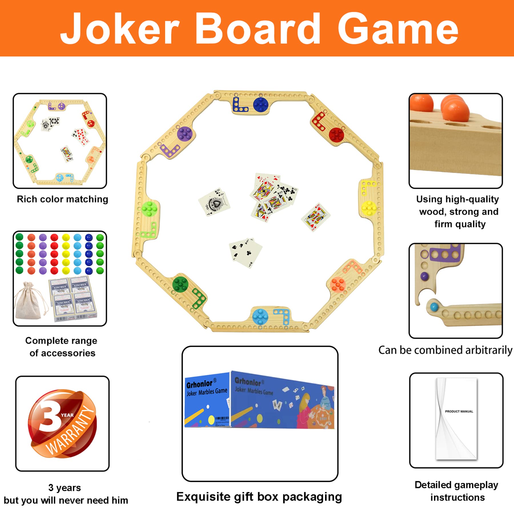 Grhonior Marbles and Jokers Board Game Pegs and Jokers Real Solid Wood (Pine) Game Board Wooden for 2-8 Players 8 Game Boards 8 Colors 40 Marbles 4 Boxes Card