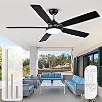 60 inch Black Outdoor Ceiling Fan for Patios with Light, Modern Low Profile DC Ceiling Fan with Lights and Remote, Damp Rated Large Airflow Wood Ceiling Fan for Exterior House Porch Gazebo Reversible