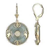 Amazon Collection 18 Karat Yellow Gold Over Sterling Silver Genuine Green Jade Lucky Butterfly Circle Earrings, Lever back