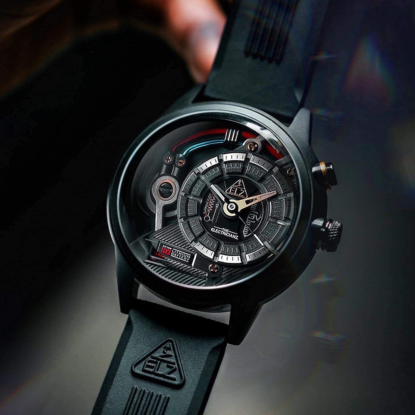 The Electricianz Dark Z Mens Designer Watch - LED Light UP DIAL, Swiss Design, Unique Electric Module - Gunmetal Steel Case 1.8 Inch, Black Rubber Strap