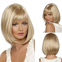 Short Blonde Bob Wig with Bangs for Women Shoulder Length Straight Wig Hair Replacement Wig Natural Looking Heat Resistant Synthetic Hair Wig for Daily Halloween Cosplay Party Use