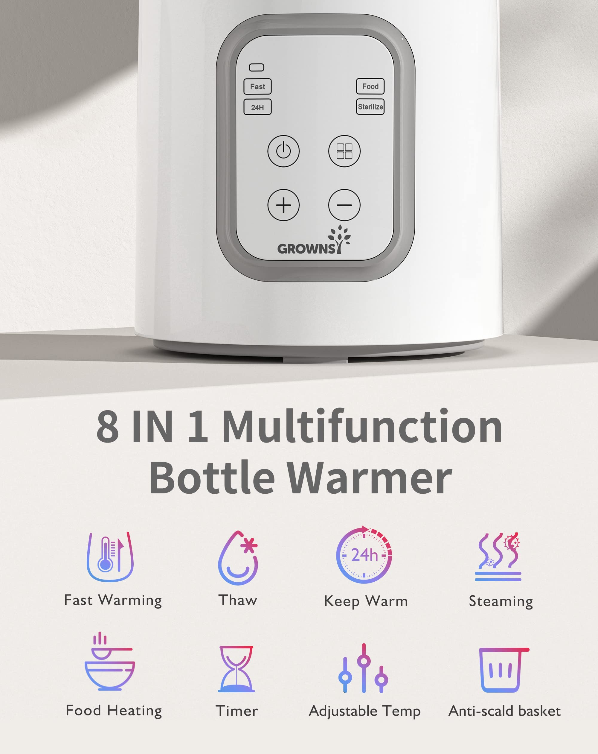 Bottle Warmer, GROWNSY 8-in-1 Fast Baby Milk Warmer with Timer for Breastmilk or Formula, Accurate Temperature Control, with Defrost, Sterili-zing, Keep, Heat Baby Food Jars Function