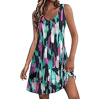 Ladies V Neck Dress Loose Sleeveless Trendy Floral Printed Breathable Women's Sundress Beach Boho with Pockets