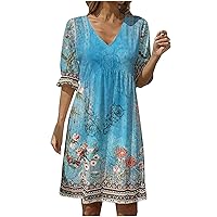 Womens 2024 Spring Summer Deep V Neck Ruffle Short Sleeve Vintage Print Mini Dress Casual Boho Beach Tshirt Dresses
