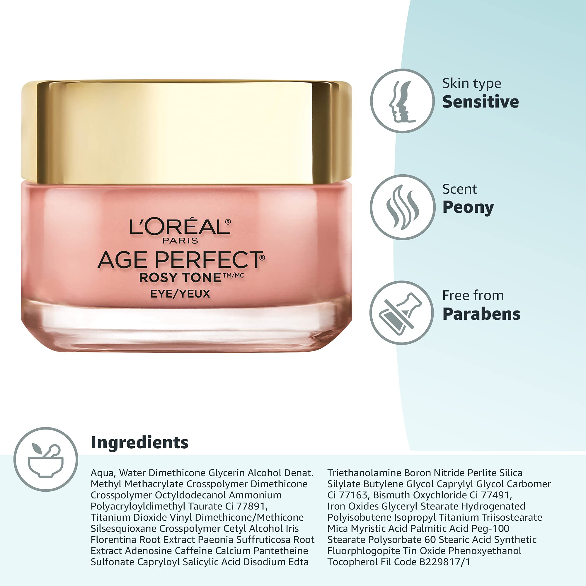 L'Oreal Paris Age Perfect Rosy Tone Anti-Aging Eye Cream, Treat and Visibily Color Correct Dark Circles, .5 oz