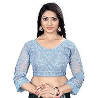 Aashita Creations Women's Readymade Embroidery Net Wedding Saree Free Size Blouse_Grey_1162