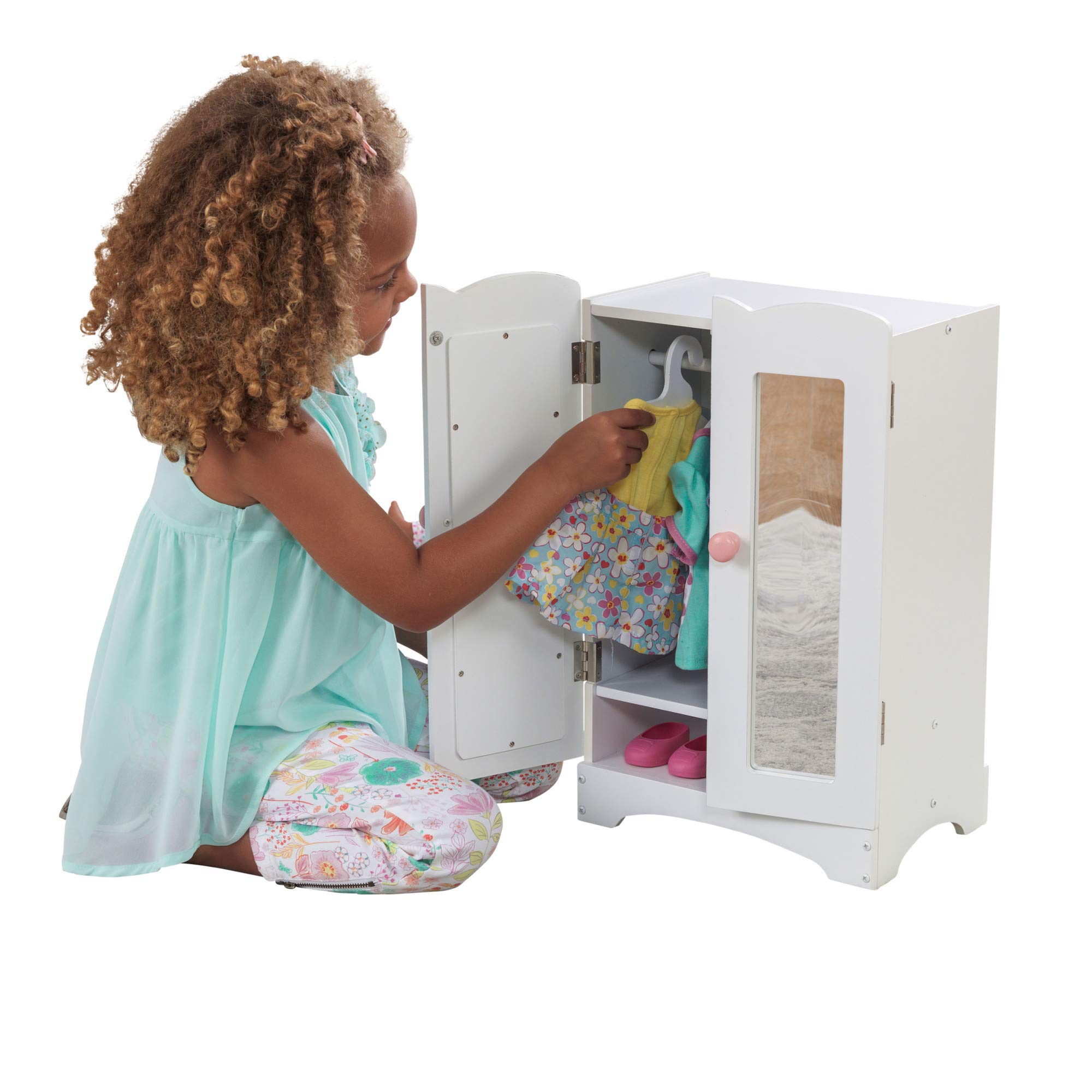 KidKraft Wooden Lil' Doll Armoire with 6 Hangers, Furniture for 18-Inch Dolls - White, Gift for Ages 3+