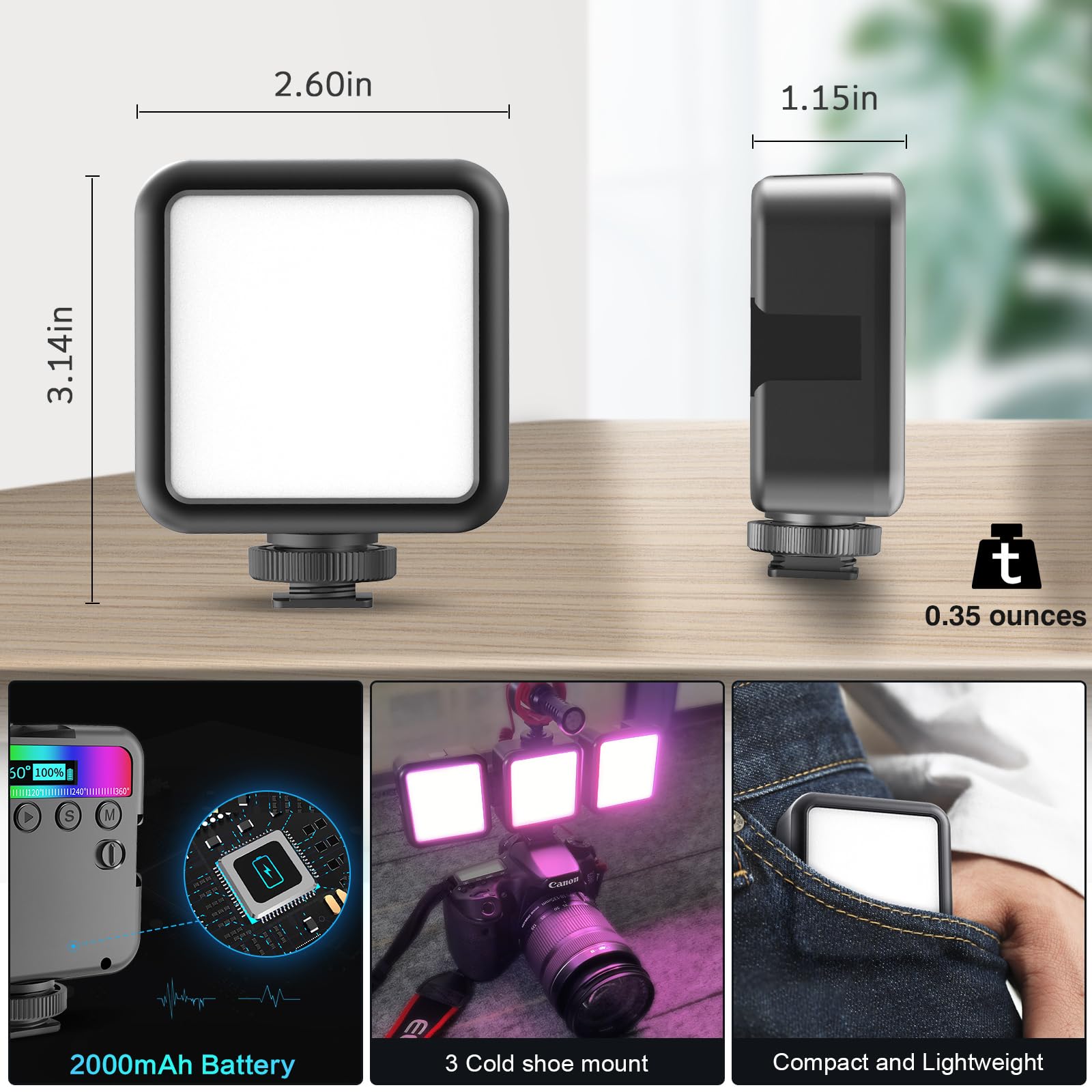 Altson Magnetic RGB Led Video Light LED Camera Light 360° Full Color Portable Photography Lighting Whit 3 Cold Shoe，，2000mAh Rechargeable CRI 96+/2500-9900K/13 Scene (Black)