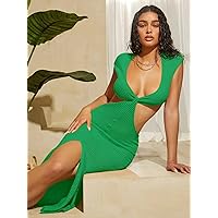 Dresses for Women - Plunging Neck Cut Out Waist Split Thigh Dress (Color : Green, Size : Medium)