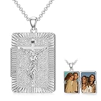 SOULMEET Personalized 10K 14K 18K Solid White Gold/Silver Rectangle Locket That Holds Picture Custom Large Crucifixion Cross Locket Necklace Gift for Men Women
