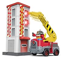 Robocar Poli Official Roy Fire Station Playset, Fire Truck Toy & Mini Transforming Robot Roy with Lights and Sounds