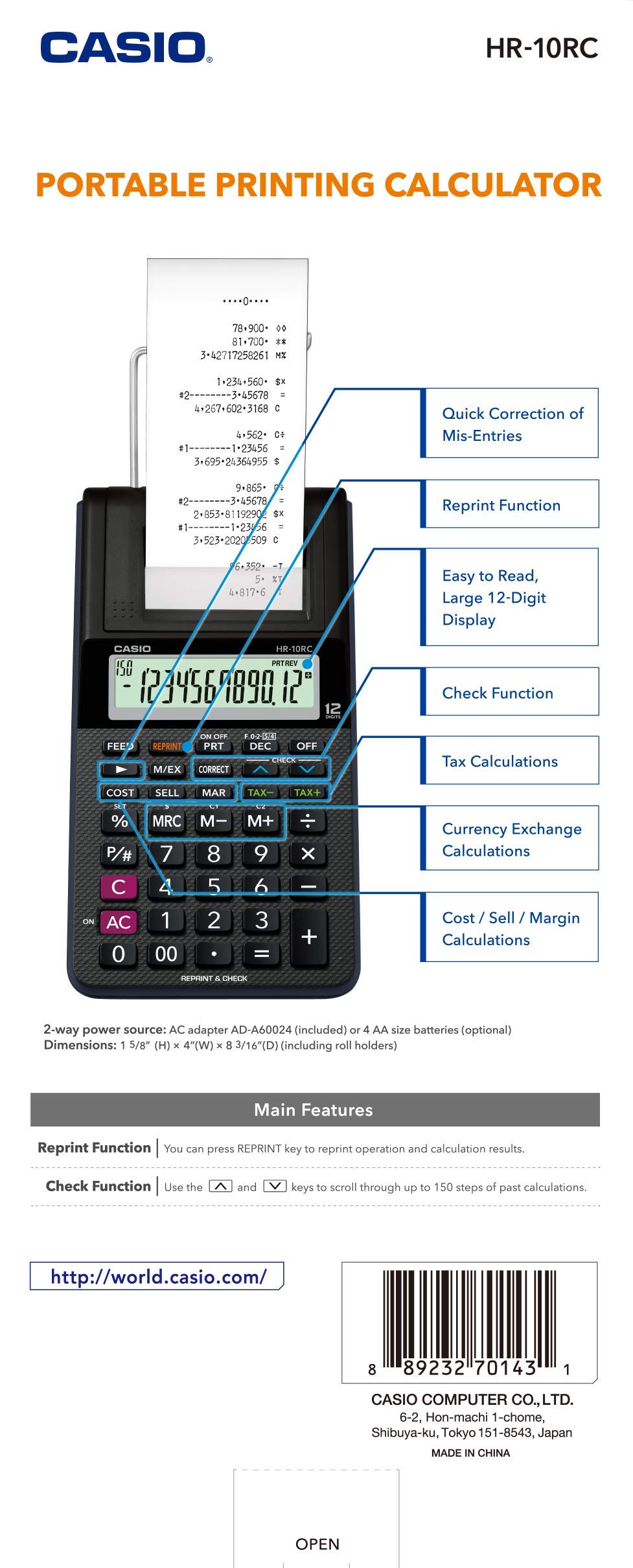 Casio HR-10RC Printing Calculator 4.02 x 3.21 x 9.41 inches