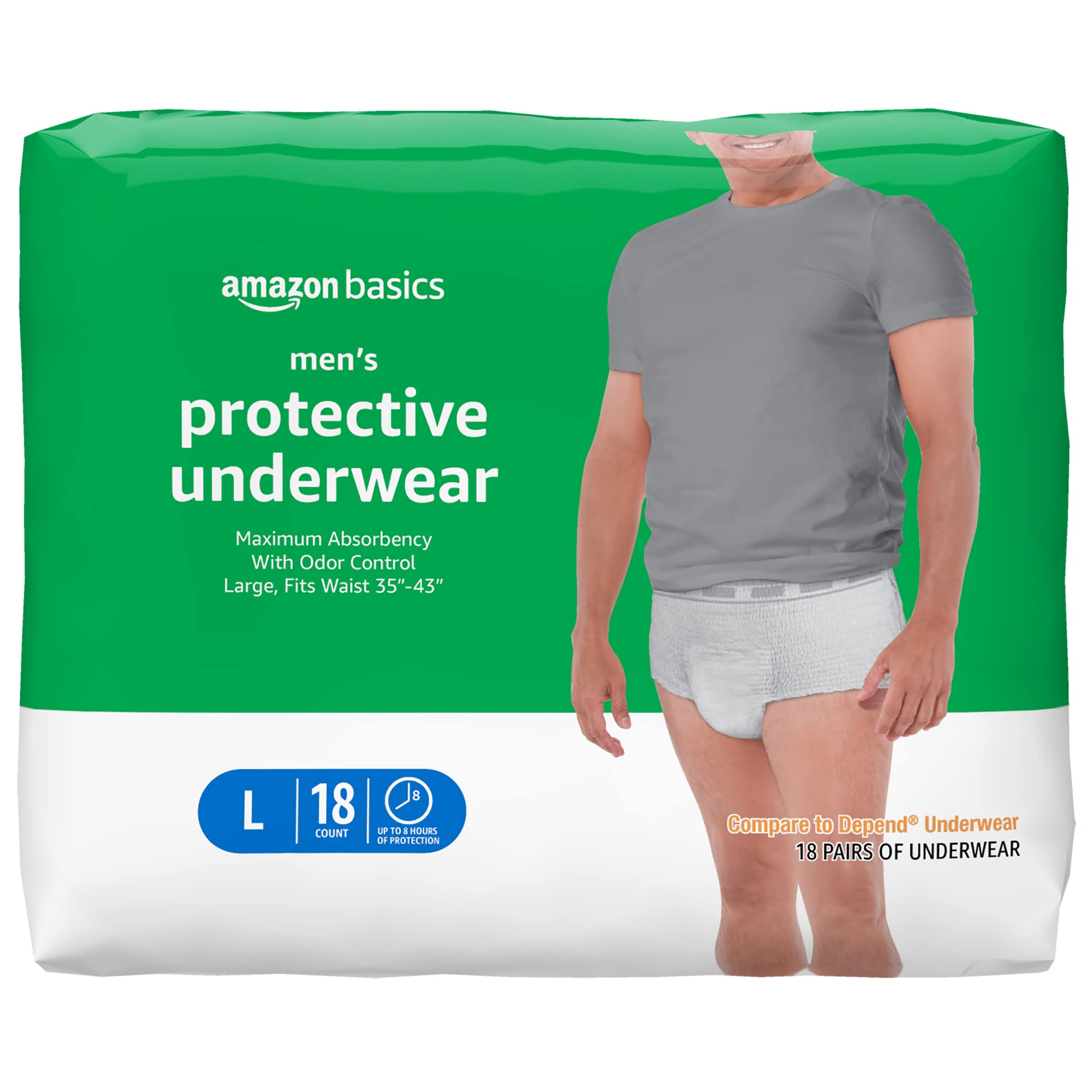 Buy  Basics Incontinence Underwear for Men, Maximum Absorbency,  Large, 18 Count, White (Previously Solimo)