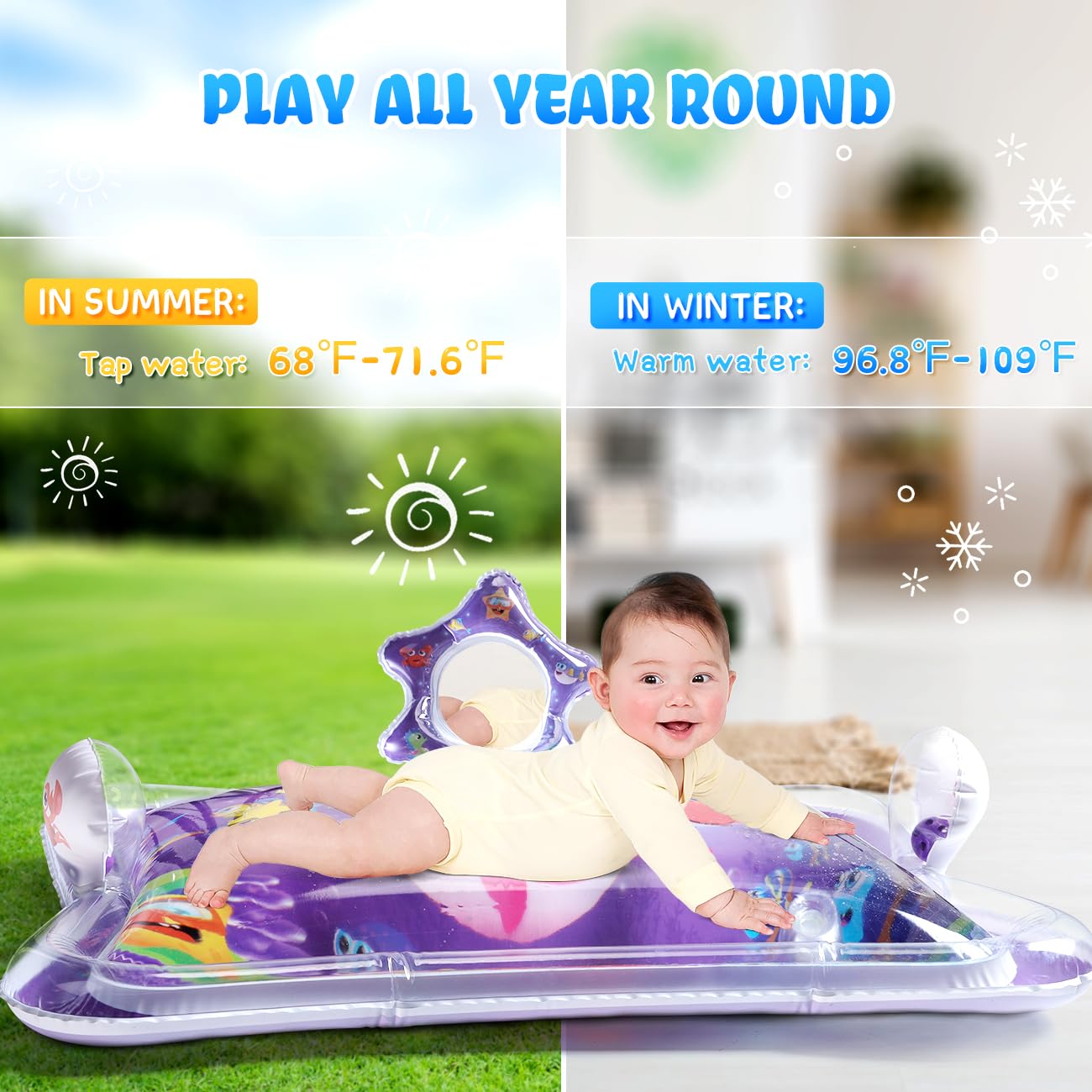 SEPHIX Mirror Water Tummy Time Mat, Baby Stuff for Newborn Toys 0-6-12 Months Girls Easter Gifts, Infant Sensory Toys for Babies 0-3-6 Months Play Mat Crawling Development Activity Toys for 8 9 Months