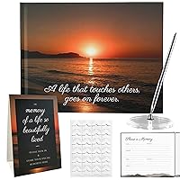 Designed Funeral Guest Book, Funeral Guest Book for Memorial Service with Pen and Acrylic Stand, Celebration of Life Guest Book Set Included A Double Side Matched Table Sign & Adhesive Photo Corner.