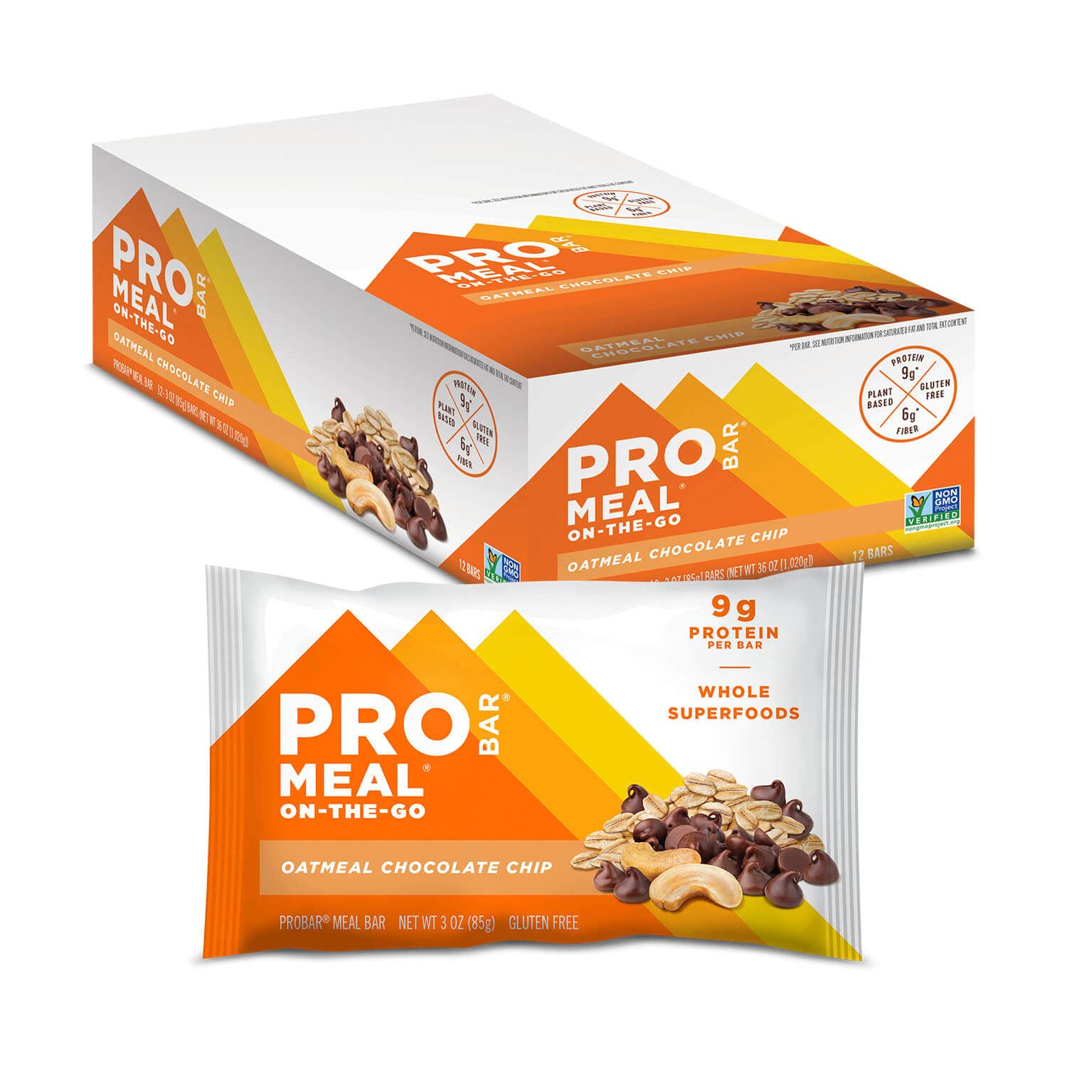 PROBAR - Meal Bar, Oatmeal Chocolate Chip, Non-GMO, Gluten-Free, Healthy, Plant-Based Whole Food Ingredients, Natural Energy, 3 Ounce (Pack of 12)