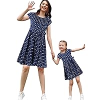 EFOFEI Mother Daughter Crewneck Midi Dresses Mommy and Me Vacation Dress Casual Cap Sleeve Beach Dresses