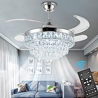 Crystal Ceiling Fan with Light,42Inch Crystal Fandelier, Modern Stepless Dimmable Chandelier Fan with Remote Control 6 Speeds Retractable Ceiling Fan Indoor for Bedroom Living Room Dining Room