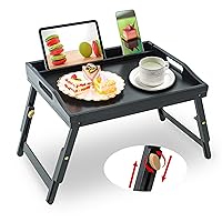 Bed Tray Table for Eating - Bamboo Breakfast Food Table with Phone Tablet Holder - Adjustable Height Black Serving Tray with Folding Legs on Lap Sofa - Portable Laptop Snack Platter for Bedroom Picnic