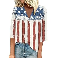 Women's 3/4 Sleeve Tops Summer Vneck Patriotic T-Shirt Ladies Retro Tie Dye Shirts 4th of July Blouse Graphic Tee
