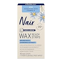 Nair Sensitive Hair Remover Wax Ready Strips, Face and Bikini Hair Removal Wax Strips, 40 Count