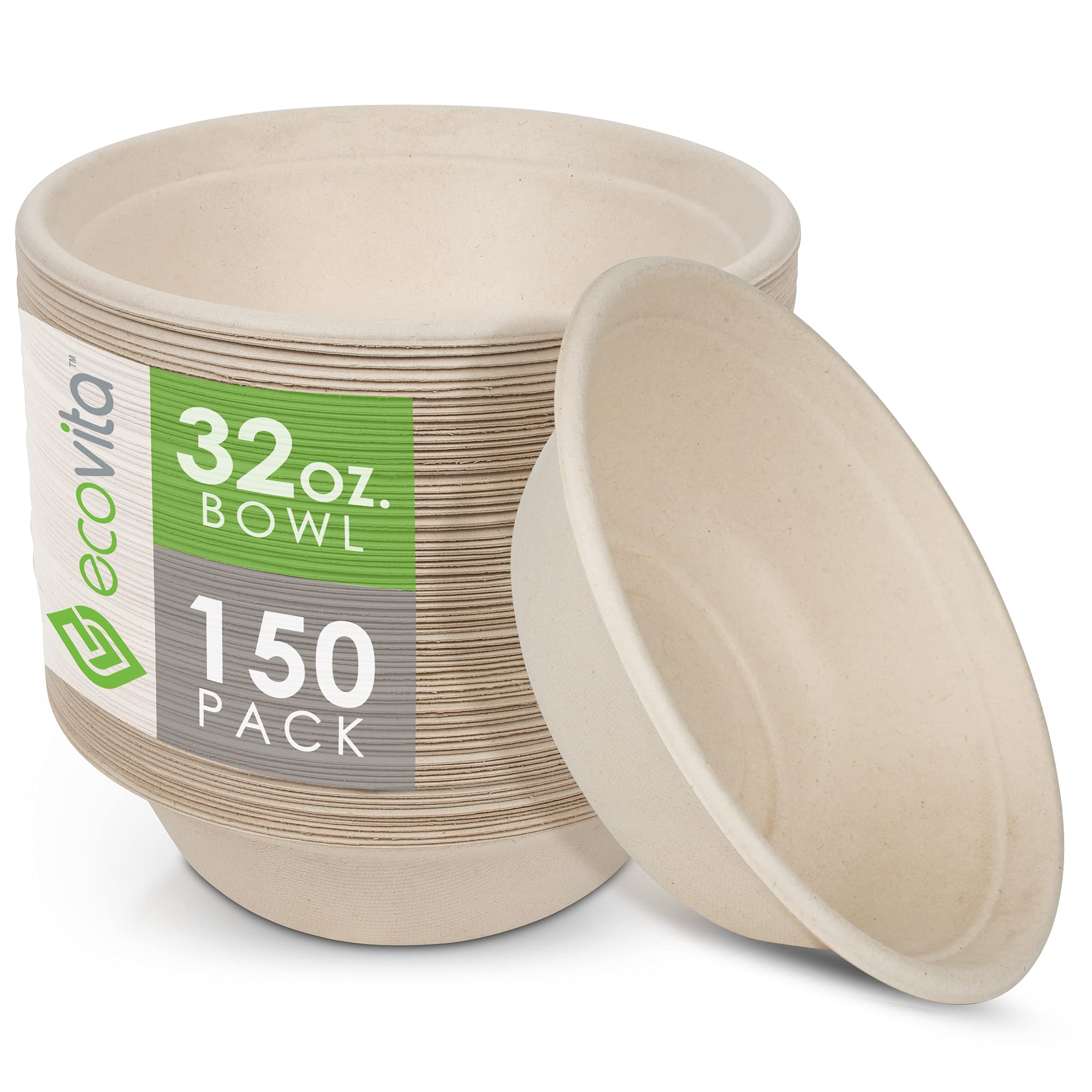 100% Compostable Paper Bowls [32 oz.] – 150 Disposable Bowls Eco Friendly Sturdy Tree Free Liquid and Heat Resistant Alternative to Plastic or Pape...