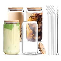 Vozoka Drinking Glasses with Bamboo Lids and Glass Straws, 4 Set 16oz Iced Coffee Cup, Glass Cups with Lids and Straws, Beer Glasses, Ideal for Water, Cocktail, Whiskey, Soda, Gift