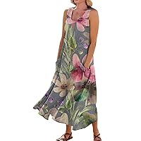 Spring Dresses for Women 2024 Printed Flowy Sun Dress with Pocket Sleeveless Trendy Dress Swing Vacation Beach Dress