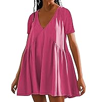 NBXNZWF Womens Casual Summer Dresses Short Sleeve V-Neck Solid Color Flowy Loose Babydoll T-Shirt Mini Sundresses